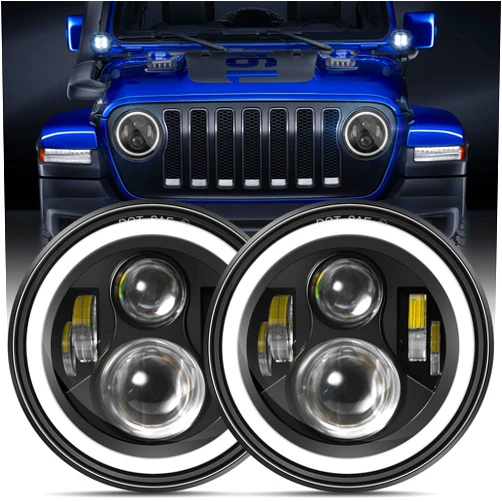 BZkawo 2PCS 7inch Round Projector LED Headlight Halo Ring Angle Eyes Headlamp w/H4 to H13 Compatible with Jeep Wrangler JK TJ CJ Compatible with Chevy and ford (white/yellow)