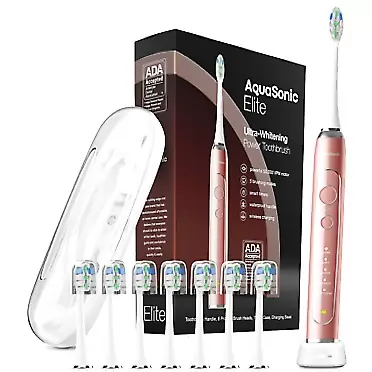 Aquasonic Elite Ultra-Whitening Toothbrush – ADA Accepted Power Toothbrush - 8 Proflex Brush Heads & Travel Case – 50,000 VPM Motor & Wireless Charging - 5 Modes w Smart Timer (Rose Gold)
