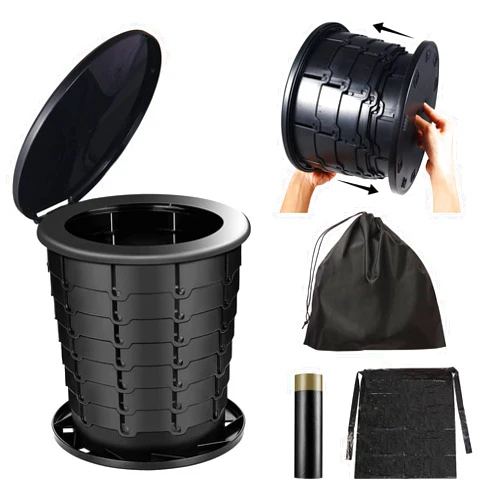 Moodooy Retractable Portable Toilet, Adjustable Height Foldiing Toilet with Lid, Portable Travel Toilet for Adults Kids, for Car/Camping/Hiking/Fishing/Long Trips/Beach, Essential for Outdoor Travel
