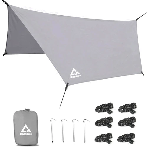 CROSSHIP Hammock Rain Fly Tarp – 3000 mm Waterproof Camping Tarp Cover, Easy Set Up with Tent Stakes & Carry Bag, 11ft x 9ft - Ultralight Hammock & Tent Accessory