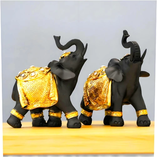 Wisifayardin Luck Elephant Decor Set with Trunks Up - Feng Shui Resin Black and Golden Couple Elephant Figurines - Pair of Elephants Statue, Modern Sculpture for Home Decor