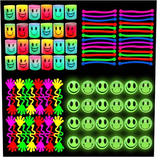 Tudona 100 Pcs Glow in The Dark Toys - 24 Bouncy Balls, 24 Coil Spring, 24 Sticky Hands, 28 Sensory Stretchy Strings, Goodie Bags Stuffers for Birthday Party, Classroom Prizes , Small Bulk Toys Gifts