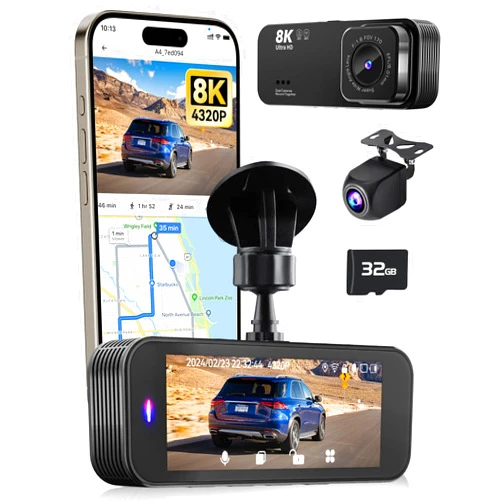 Lensuge Dash Cam Front and Rear, Ultra HD 8K Dash cam, Dash Camera with Night Vision, Dash Camera for Cars, Built-in Wi-Fi & GPS, WDR, 3.16