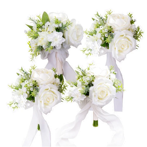 BENCENTRE 7 Inch White & Greenery Bridesmaid Bouquet for Wedding, Set of 4, Small Wedding Bouquet,for Marriage Proposal Party and Vintage Wedding Ceremony Anniversary,Artificial Flowers