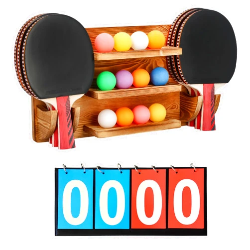 WAKUBON Ping Pong Paddle Holder Wall Mount Storage Rack - Table Tennis Racket Display Accessories Organizer - Holds 6 Paddles and 12 Balls - with Flip Scoreboard