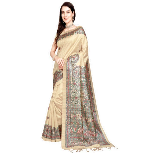 RANI SAAHIBA Women's Printed Art Tussar Silk Madhubani Saree With Blouse Piece (SKR6848_Beige)