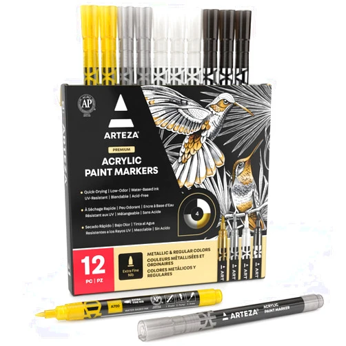 ARTEZA Acrylic Paint Markers, Set of 12 Metallic Marker Pens, 3 Gold, 3 Silver, 3 Black, 3 White, Extra-Fine Nibs, 15mm, for Stone, Glass, and Wood