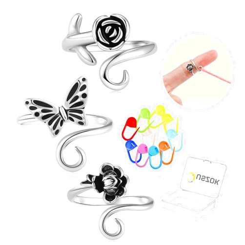 Juszok Adjustable Crochet Tension Ring for Fingers 3Pcs Flower Yarn Guide Knitting Tension Rings with 10Pcs Crochet Stitch Markers for Crocheting with Storage Box for Women