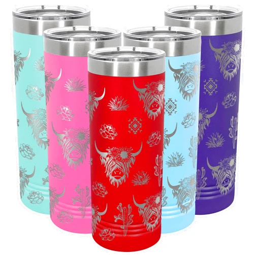 Laser Etchpressions Highland Cow-Cactus Design 22 oz Skinny Tumbler with Slider Lid and Straw, Engraved Insulated Stainless Steel Cup with Wrap Around Design, Unique Gift for Christmas, Birthday, Mother's Day