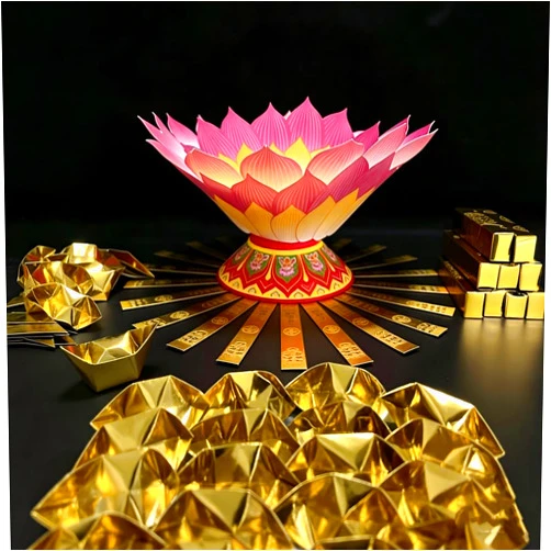 Veottye 352Pcs Ancestor Worship Joss Paper Set - Gold Paper Money, Small Gold Bars, Gold Ingot & Lotus Tray, Traditional Memorial Blessing Supplies