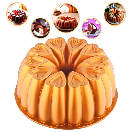 MIENCA Heart Shape Aluminum Cake Pan, Titanium Coating, Non-Stick, 12 Cups, Heavy Duty, Mothers Day Bundt Cake Pan, 10 Inch Baking Mold, Cast Aluminum Fluted Tube Pan, Easy to Clean (Gold)