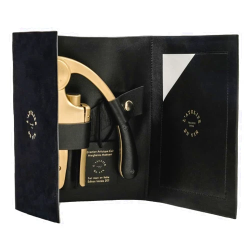 L'atelier Du Vin Oeno Motion Gold Nomad Lever Corkscrew Gift Set - Luxury Sommelier Wine Bottle Opener with Premium Black Leather Case for Wine Tasting Accessories Emblematic Wine Key Made In France