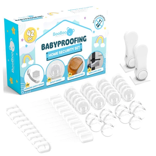 BooBoo Baby Booboo (42 Pack) Child Safety Baby Proofing Kit | x10 Cabinet Drawer Locks, x10 Corner Guards, x20 Outlet Covers, x2 Door Lever Lock | Baby Proof Your Home & Kitchen with No Trapped Fingers
