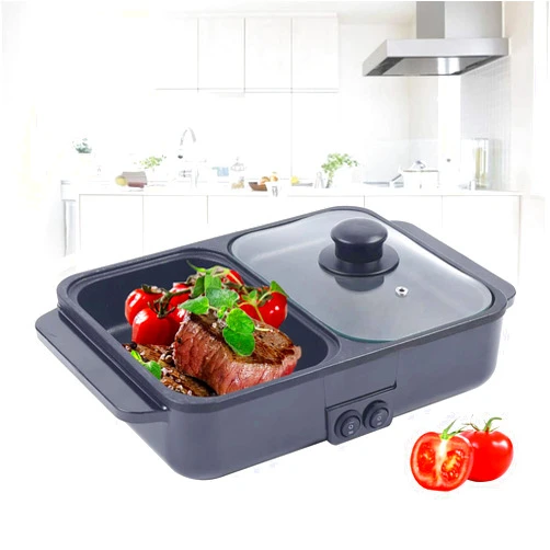 DNYSYSJ Electric Grill with Hot Pot, 2 in 1 Indoor Non-Stick Electric Hot Pot and Frying Pan,1200W 110V Portable Multifunctional Smokeless Korean BBQ Grill,Independent Temperature Control,for Home Party,Black
