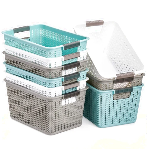Lawei 9 Pack Plastic Storage Baskets, 10.5 x 7.1 x 5.5 Inch Weave Storage Bins with Handle, Plastic Shelf Organizer Basket for Home Cabinet, Pantry Storage Bins for Toys, Classroom, 3 Colors