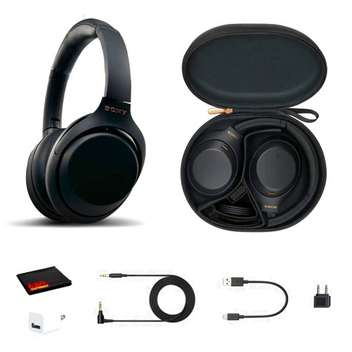 Sony WH-1000XM4 Wireless Noise Canceling Overhead Headphones with Mic for Phone-Call, Voice Control, Black, with USB Wall Adapter and Microfiber Cleaning Cloth - Bundle