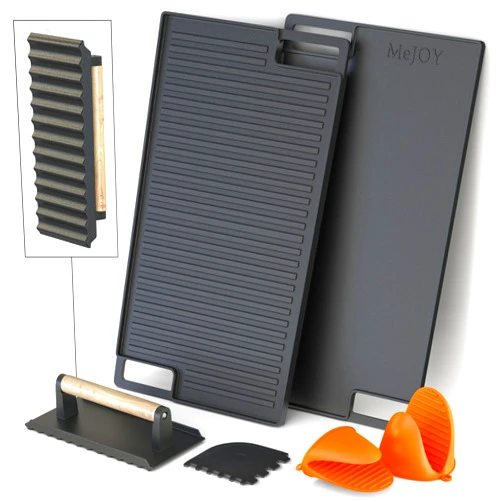 MeJOY Cast Iron Griddle, Reversible Grill/Griddle + Cast Iron Press + Pan Scraper + Pinch Mitts, Grill Pan For Stove Top, Gas Grill, Indoor & Outdoor Cooking - Pre Seasoned & Non-stick (9.5