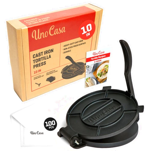 Uno Casa Cast Iron 10 Inch Tortilla Press - Pre-Seasoned Quesadilla, Roti and Pataconera Maker With 100 Pcs Parchment Paper - For Flour, Tawa or Dosa Tortillas