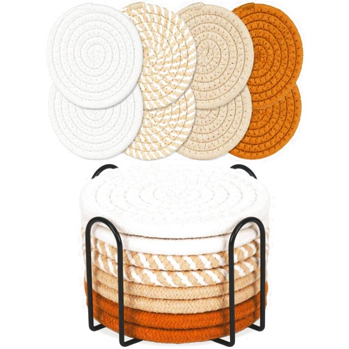 Adorever 8 Pcs Drink Coasters with Holder, Boho Coasters for Drinks Absorbent, Minimalist Cotton Woven Coasters Set for Coffee Table Home Decor Bar Tabletop Protection, Suitable for Kinds of Cups 4.3 Inch