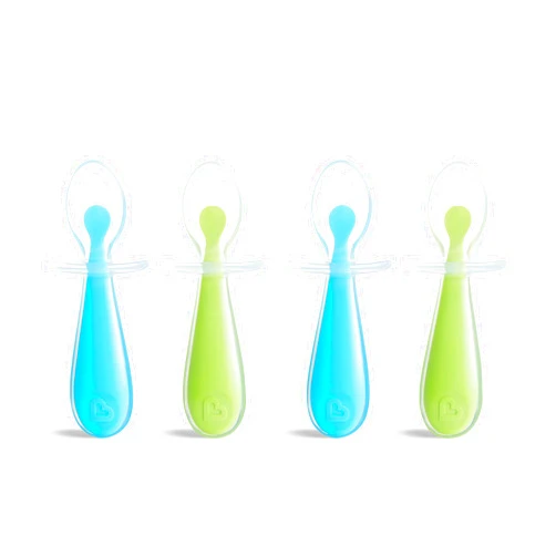 Munchkin® Silicone Scoop™ Trainer Spoons with Choke Guard for Baby Led Weaning, 4 Count, Blue/Green