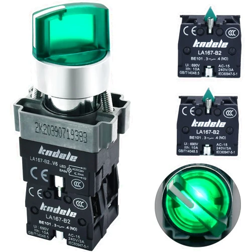 KNDELE 10Amp 3 Position Rotary Switch with Green Light 22mm 7/8in Mounting Hole Selector Switch Maintained DPDT 2NO 2NC Latching Switch 600V AC