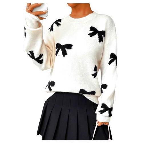 GORGLITTER Women's Bow Sweater Long Sleeve Crew Neck Vintage Y2k Knitted Sweater