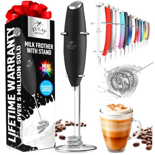 Zulay Kitchen Tornado Whisk Milk Frother Handheld - Coffee Frother Wand With Stand - Triple Whisk Hand Held Drink Mixer - Electric Stirrer Frothing Wand for Latte, Matcha, Protein Powder - (Black)