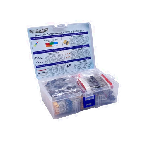 MOGAOPI Electronic Component Kit Total 1390 Pcs, LED Diodes, Metal Film Resistors, Electrolytic Capacitor Package, Common Diodes, Ceramic Capacitors, Common Transistor Assortment Box