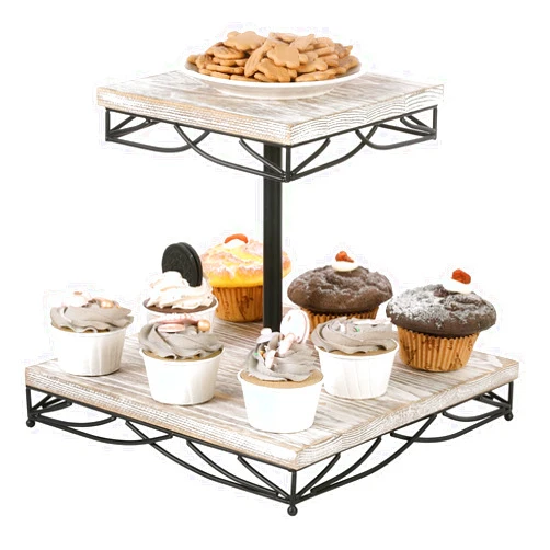 MyGift 2 Tier Shabby Whitewashed Wood Cupcake Holder Stand with Vintage Style Black Metal Wire Trim - Rustic Decorative Tabletop Dessert Riser Tray