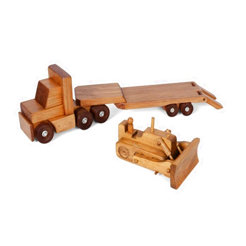 AmishToyBox.com Large Wooden Toy Truck & Low Boy Flatbed Trailer with Bulldozer Set