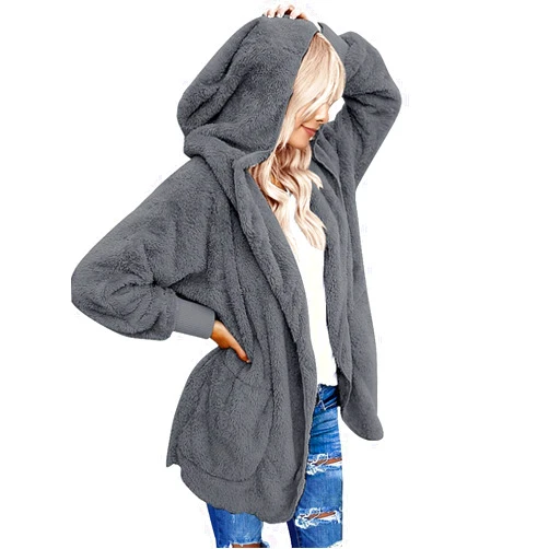 Yanekop Womens Fuzzy Fleece Open Front Hooded Cardigan Jackets Sherpa Outerwear Coats with Pockets