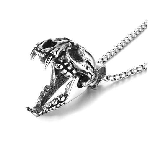 HZMAN Men's Punk Pendant Necklace, Gothic Stainless Steel Openable Sabertooth Tiger Skull Jewelry