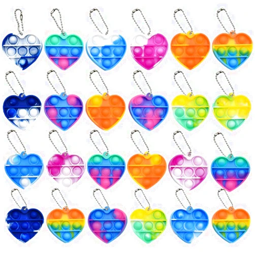 MEIEST 24 PCS Simple Pop Bubble Fidget Sensory Toy,Mini Silicone Rainbow Stress Relief Hand Toy,Squeeze Key-Chain Toy for Adults and Kids,Colorful Anti-Anxiety Office Desk Toys(Heart)