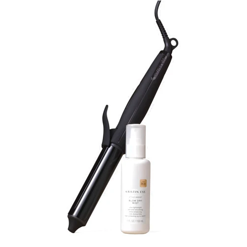 Kristin Ess Hair NANOBLACK 11/4 Inch Automatic Ceramic Curling Iron + Style Assist Blow Dry Heat Protectant Spray - Dual Voltage Hair Styling Beach Waver + Curler - Smooth Barrel + Digital Display