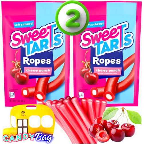 Think FWD (PACK OF 2) Sweet Tarts Candy - Sweet Soft & Tangy Chewy Cherry Ropes Tantalizing Punch Flavored Center - 3oz Each Bag - One Think FWD Resealable Candy ZipBag