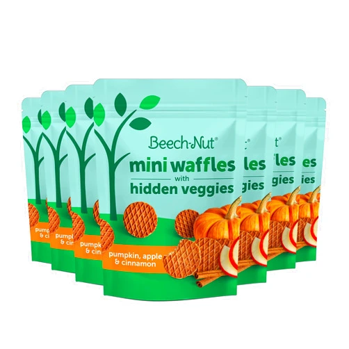 Beech-Nut Toddler Snacks, Mini Waffles with Hidden Veggies, Pumpkin Apple Cinnamon, Non-GMO, 3.2 oz Bag (7 Pack)