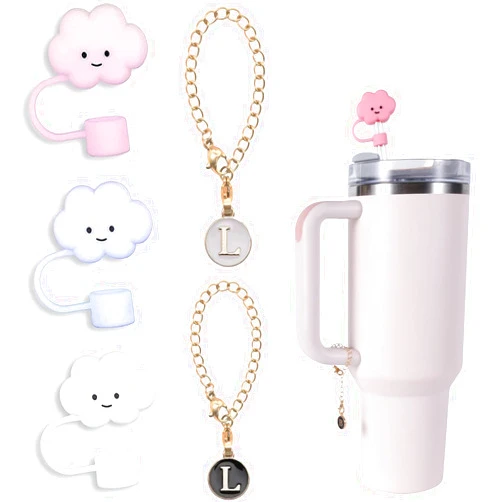ColisPar 3pcs 10mm Cloud Straw Topper for Stanley Straw Cover 40 oz 30 oz + 2pcs Letter Chain Charm for Stanley Tumblers with Handle for Stanley Cup Accessories Food Grade Silicone Straw Cap Tips Cover Plug