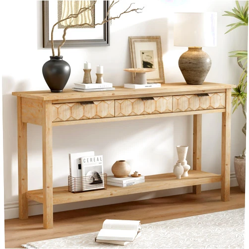 Pasirou Farmhouse Console Table with Honeycomb Design Drawers, 60 Inch Sofa Table with Open Shelf for Hallway, Living Room, Natural