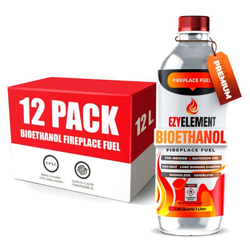 EZYELEMENT Bioethanol Fireplace Fuel 12 x 1 Liter - Clean Burning, Odorless and Smokeless Bioethanol Fuel Tabletop Fire Pit, Bio Ethanol Fuel for Table Top Fire Pit, Renewable Ethanol Fireplace Fuel Burners