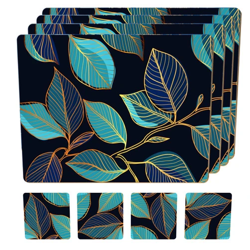 Moderry Set of 4 Heat Resistant Cork Placemats for Dining Table with Free Set of 4 Matching Drink Coasters Sage Green Marble Design 16 x 12 Inches Cork Backed Hard Placemats (Blue Gold Botanical)