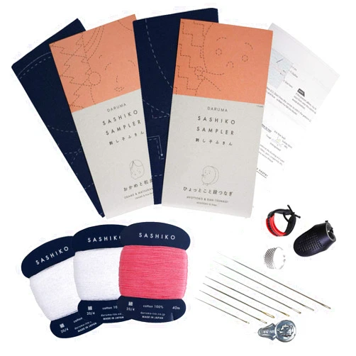 DARUMA Sashiko Kits, 2 Types of SASHIKO Sampler (Cotton Cloth), and Sashiko Thread x3, Needle x7, Thimble x3, and English Manual Sewing Value Set (HYOTTOKO, OKAME)