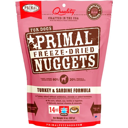 Primal Pet Foods Primal Freeze Dried Raw Dog Food Nuggets, Turkey & Sardine Complete & Balanced Meal, Also Use as Topper or Treat, Premium, Healthy, Grain Free, High Protein Raw Dog Food, 14 oz