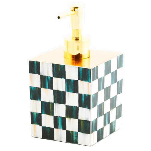 MACKENZIE-CHILDS Lacquer Soap Pump Dispenser, Decorative Liquid-Soap Dispenser for Bathroom or Kitchen, Black-and-White Courtly Check