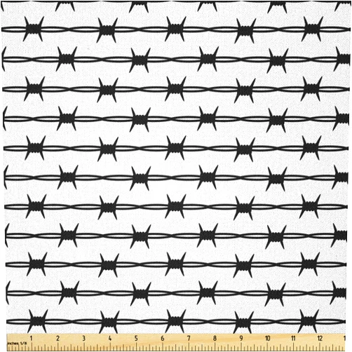Lunarable Barbed Wire Fabric by The Yard, Barbed Wire Fence Horizontal Accessibility Protective Barrier Warning Themed, Microfiber Fabric for Arts and Crafts Textiles & Decor, Black White
