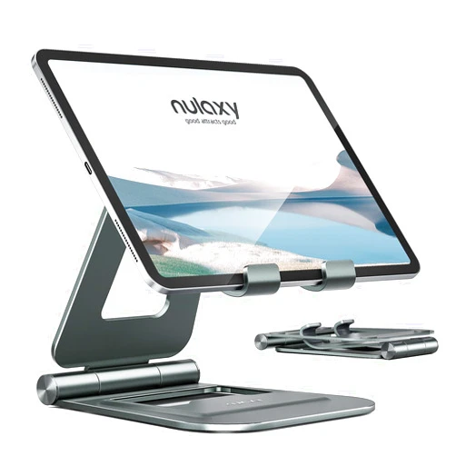 Nulaxy Aluminum Dual Foldable iPad Stand, Fully Adjustable Desktop Tablet Holder, iPad Accessories for Office Kindle Compatible with Mobile Devices iPad Pro/Air/Mini, iPhone Pro/Max/Plus, Gray