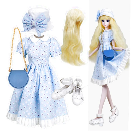 Proudoll 1/3 BJD Doll Clothes Outfit Set - Handcrafted Stylish Blue Floral Dress, Hat, Wig, Cross-Body Bag, and High Heel, Compatible with 1/3 60cm 24in SD Dolls