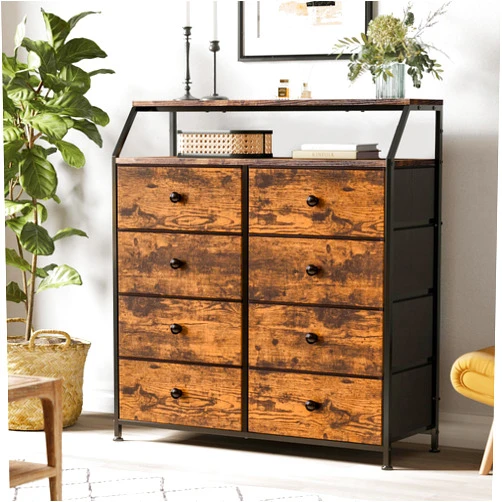 REAHOME Dresser for Bedroom with 8 Drawers, Tall Chest of Drawers with Shelf, Fabric Dressers, Steel Frame, 2Pcs Wooden Top, Large Storage Tower Organizer Unit for Closet, Living Room, Entryway, Brown
