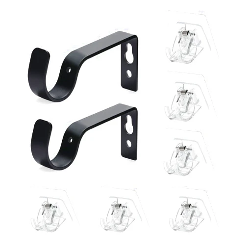 LANMU 2 Pack Heavy Duty Curtain Rod Holder Hooks for Windows and 6 Pack No Drill Curtain Rod Brackets Adhesive Curtain Rod Hangers