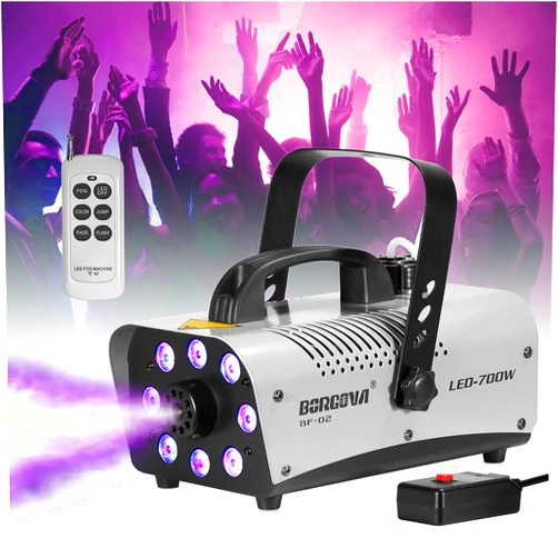 BORGOVA Fog Machine 700W with 8 LED Par Lights, Wireless Remote, and Auto Mode - Ideal for Parties, Halloween, and Stage Effects