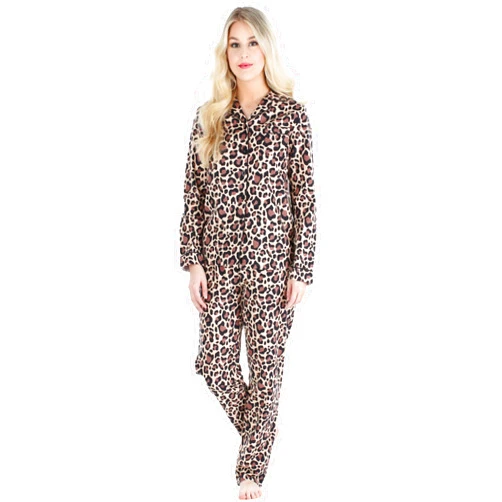 PajamaMania Women's Cotton Flannel Long Sleeve Button-Down Pajamas PJ Set, Brown Leopard, Medium